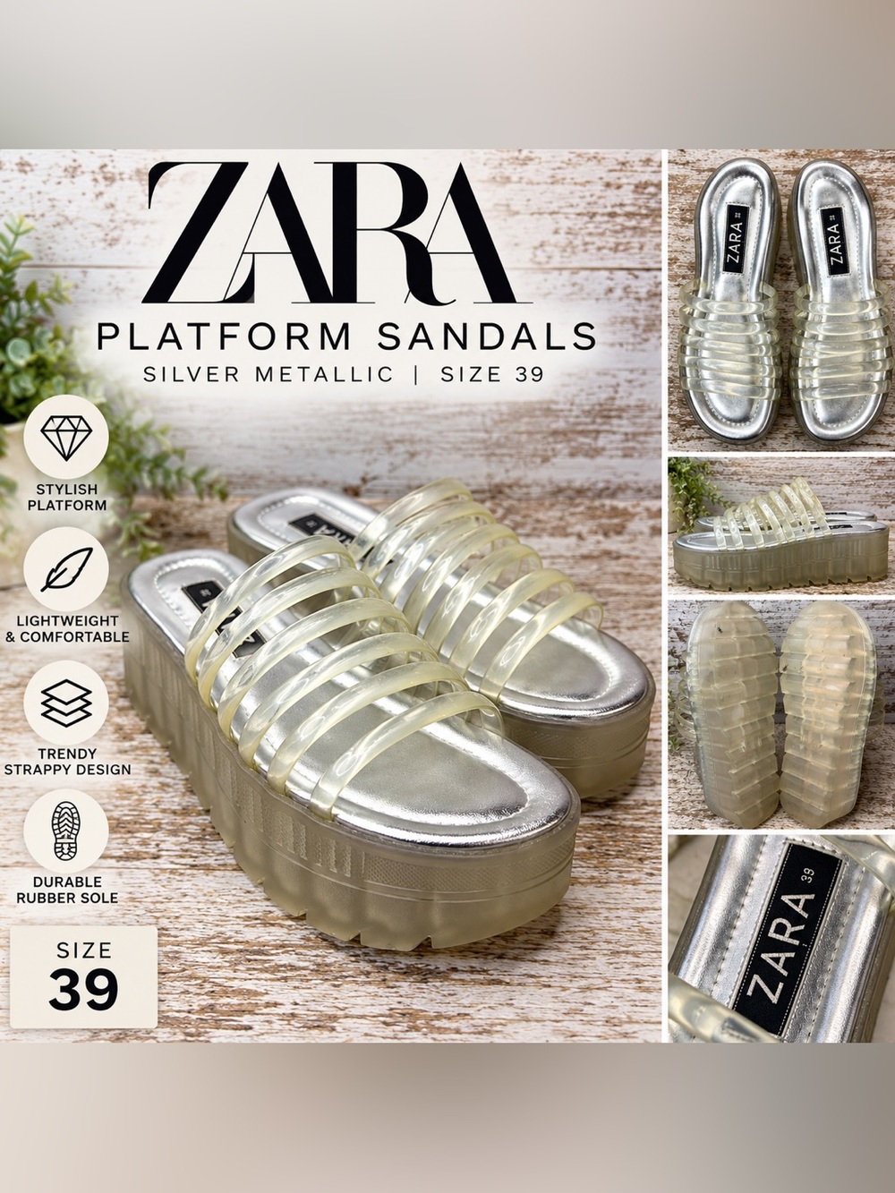 Zara Silver Metallic Clear Strappy Platform Sandals Women’s Size 39